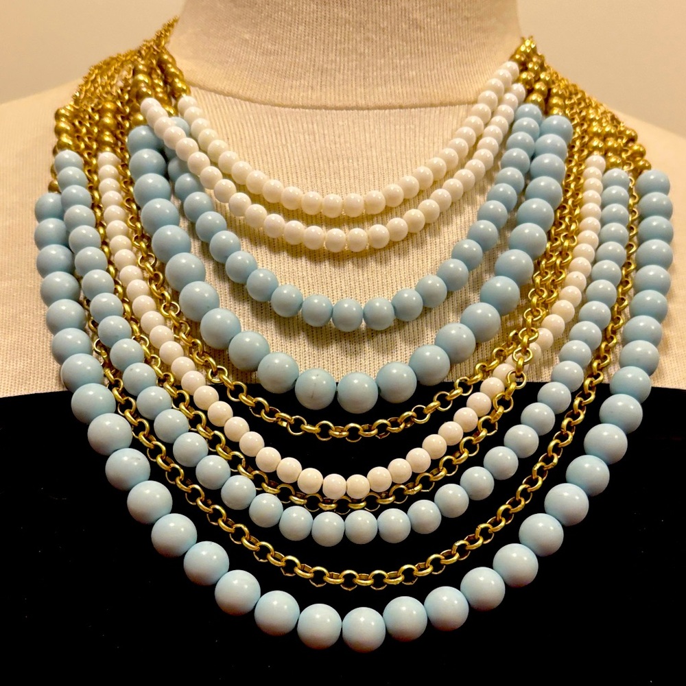Vintage Talbots 10 layer, necklace, blue white and gold tone